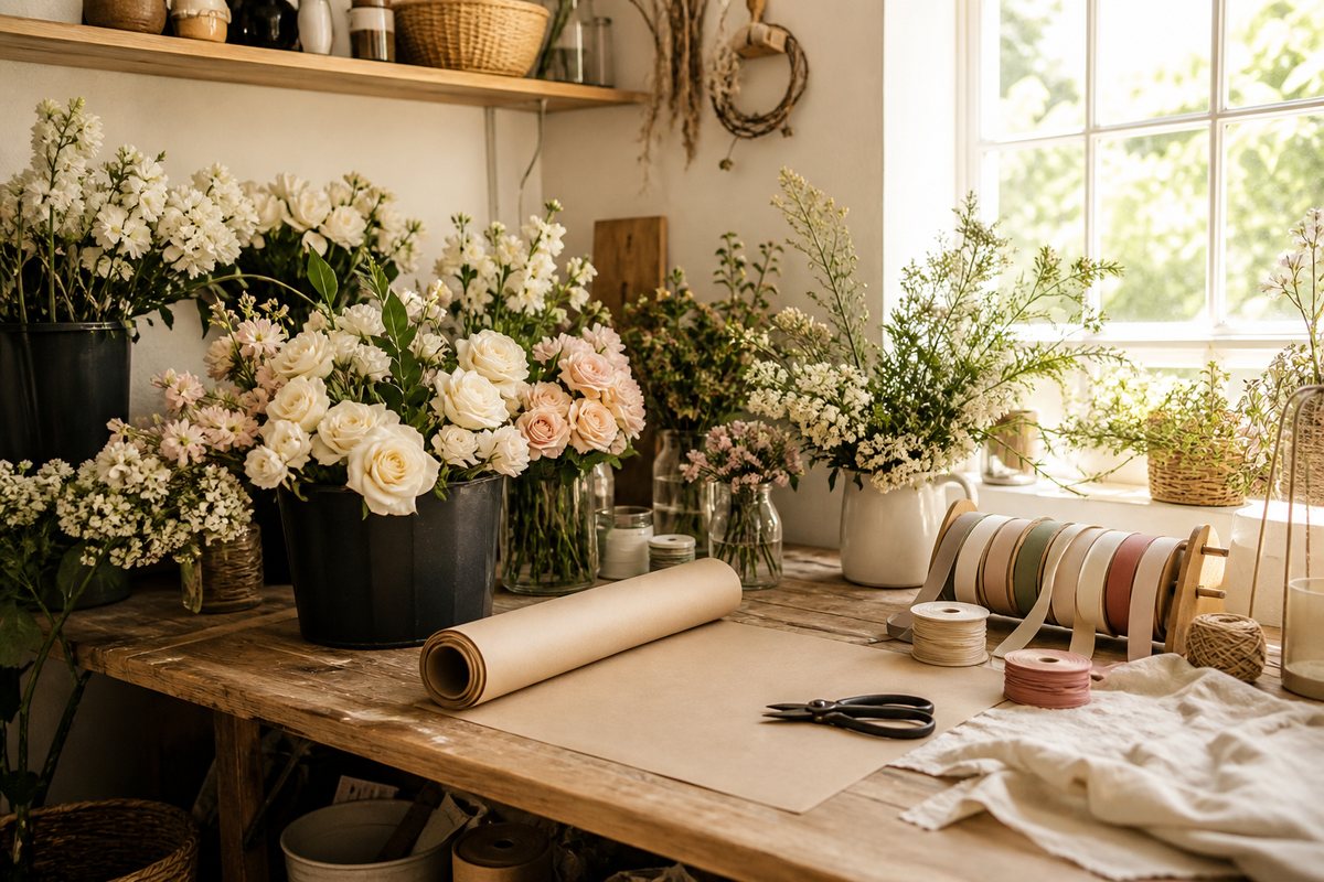 A florist's workbench with buckets of cream and blush flowers, ribbon spools and kraft paper beside a bright window