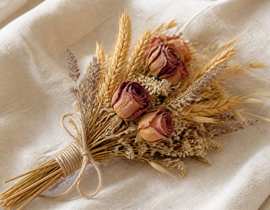 Dried Wheat and Rose Posy